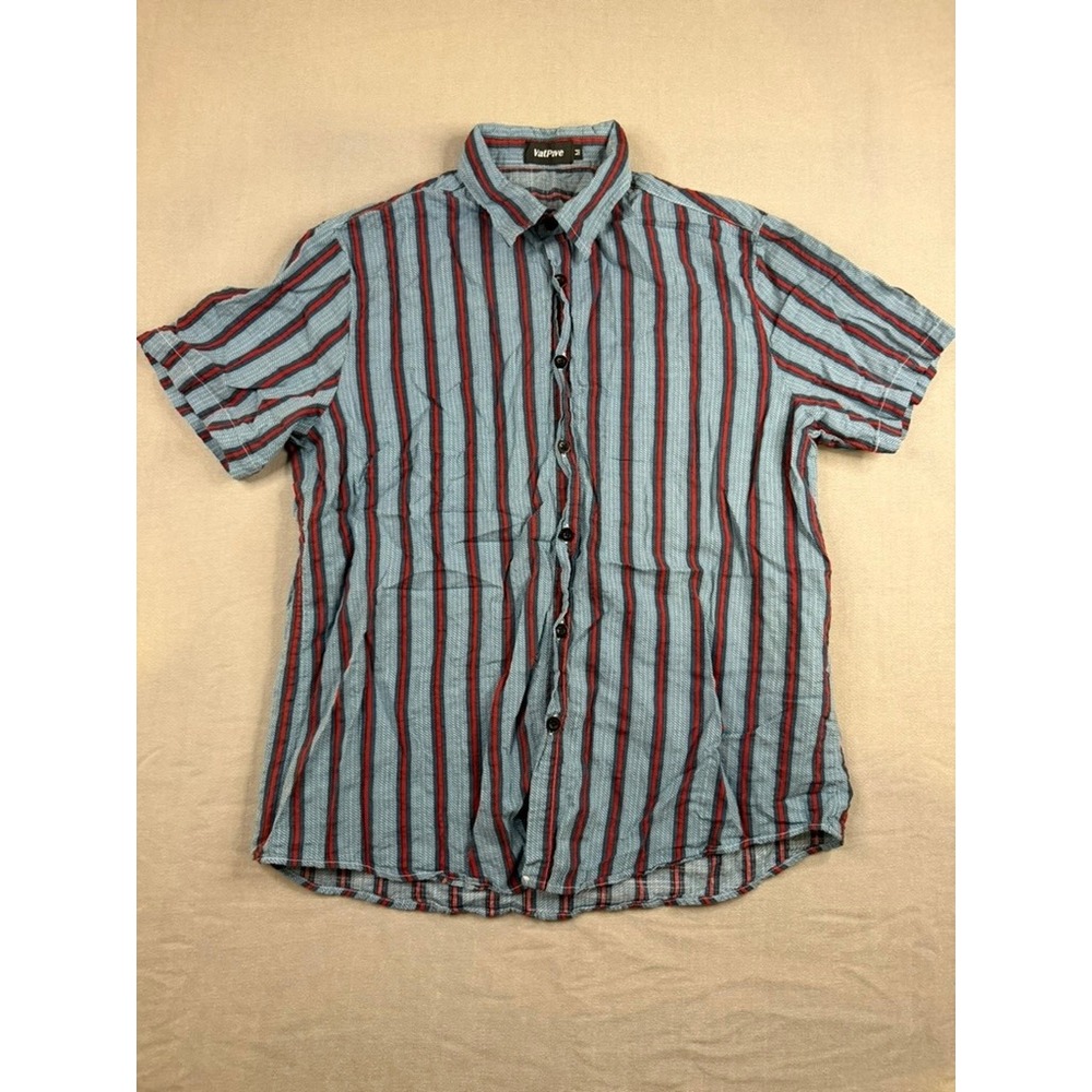 VatPave Mens Medium Blue Red Striped Short Sleeve Button Down Shirt Casual